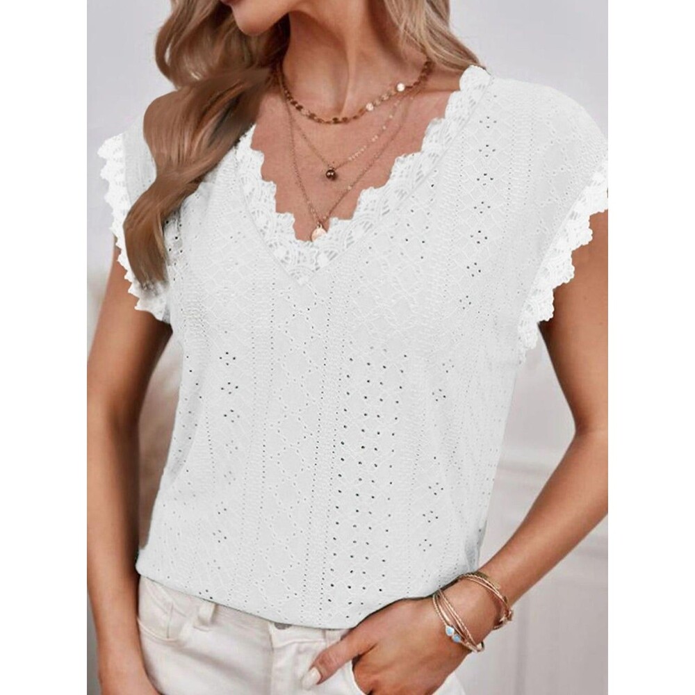 New Womens Short Sleeve Eyelet Casual Shirts Fashion V Neck  Blouse White Sz L